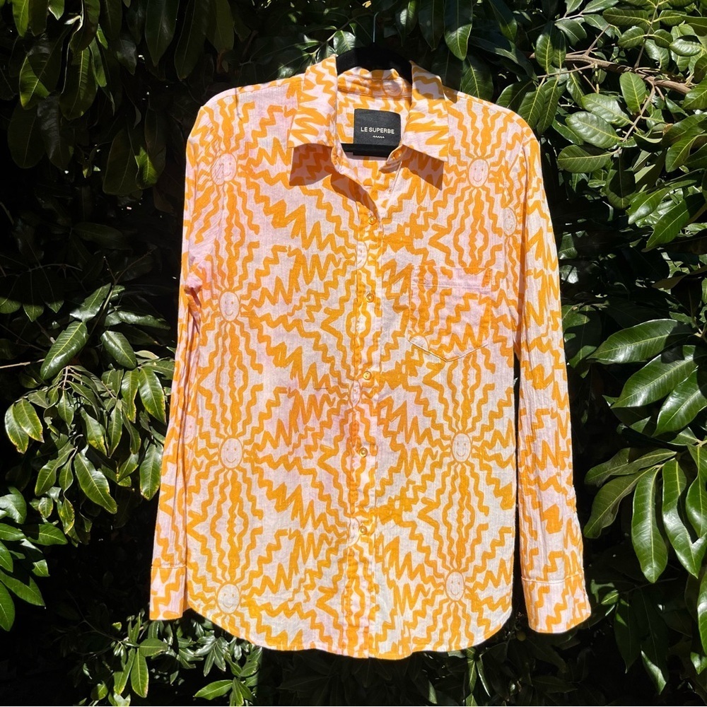LE SUPERBE ivory mustard sun‎ squiggle print gauze sheer cotton button up shirt